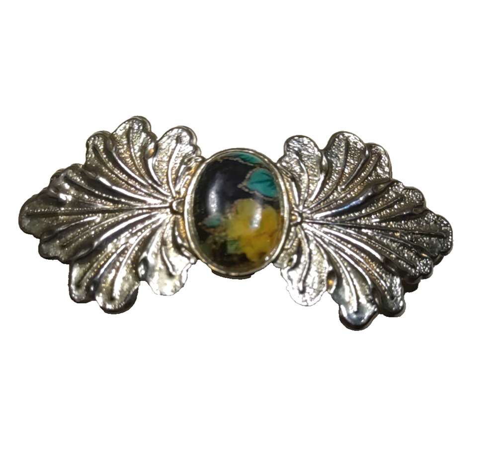 Edwardian Style Hair Barrette Tension Clip Thin Metal Silver Tone Black Floral